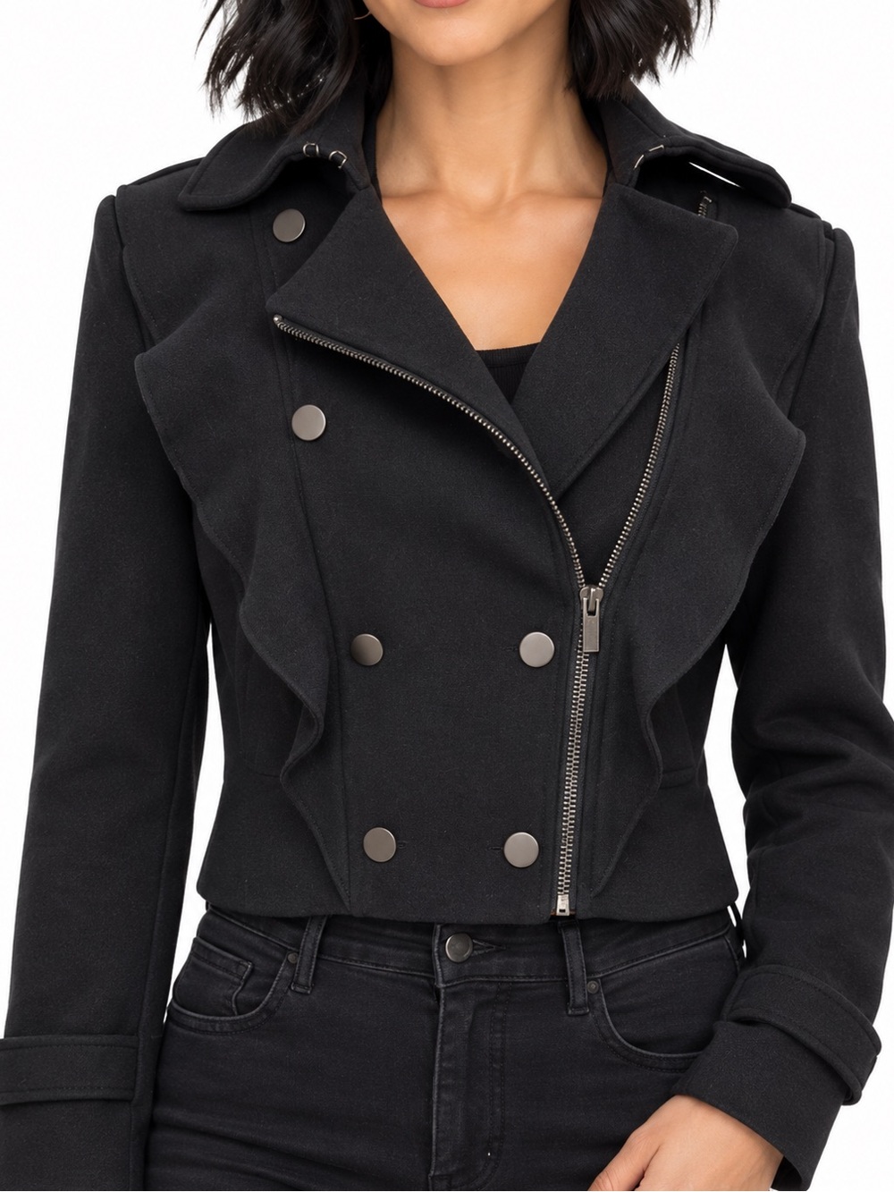 BCBGMaxAzria Black Cropped Double-Breasted Ruffle Thick Pea Coat